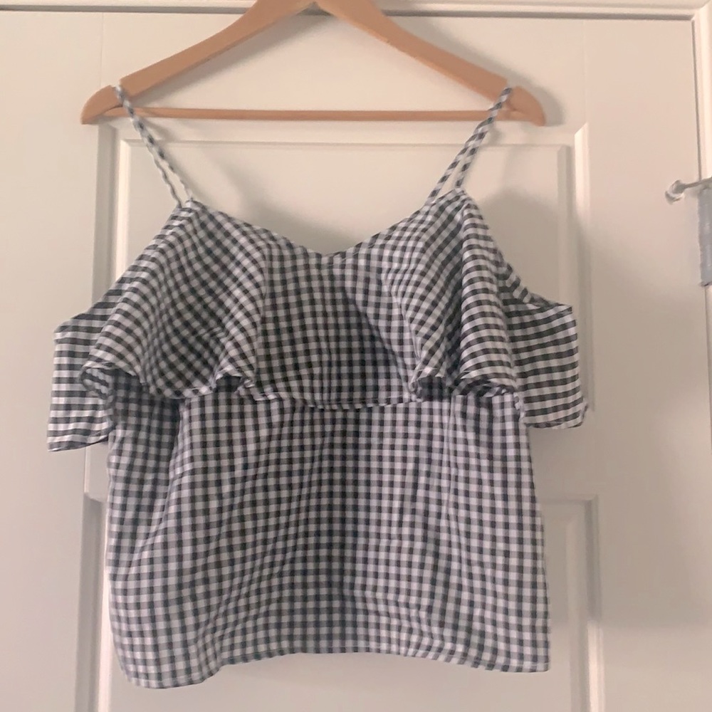 New Gingham print cold shoulder ruffle tank top